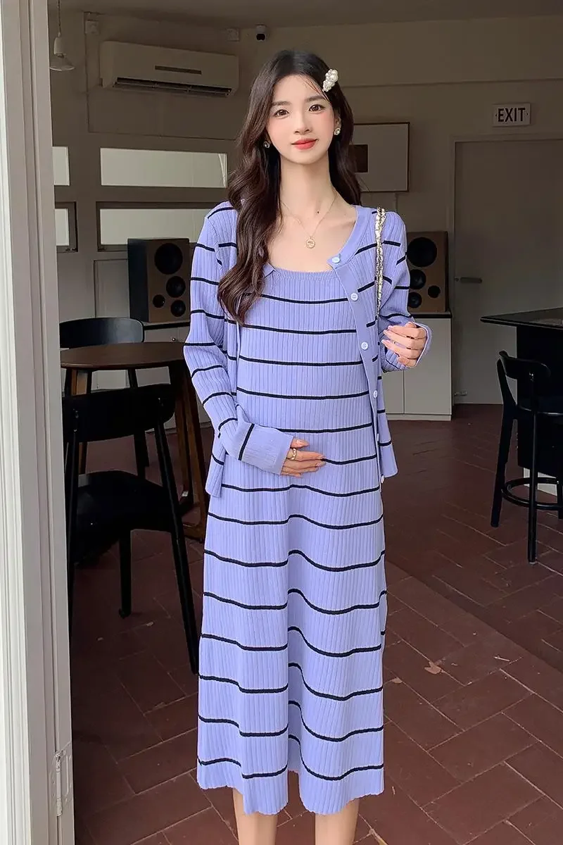 Осенний комплект одежды для беременных полосатые вязаные кардиганы с длинными