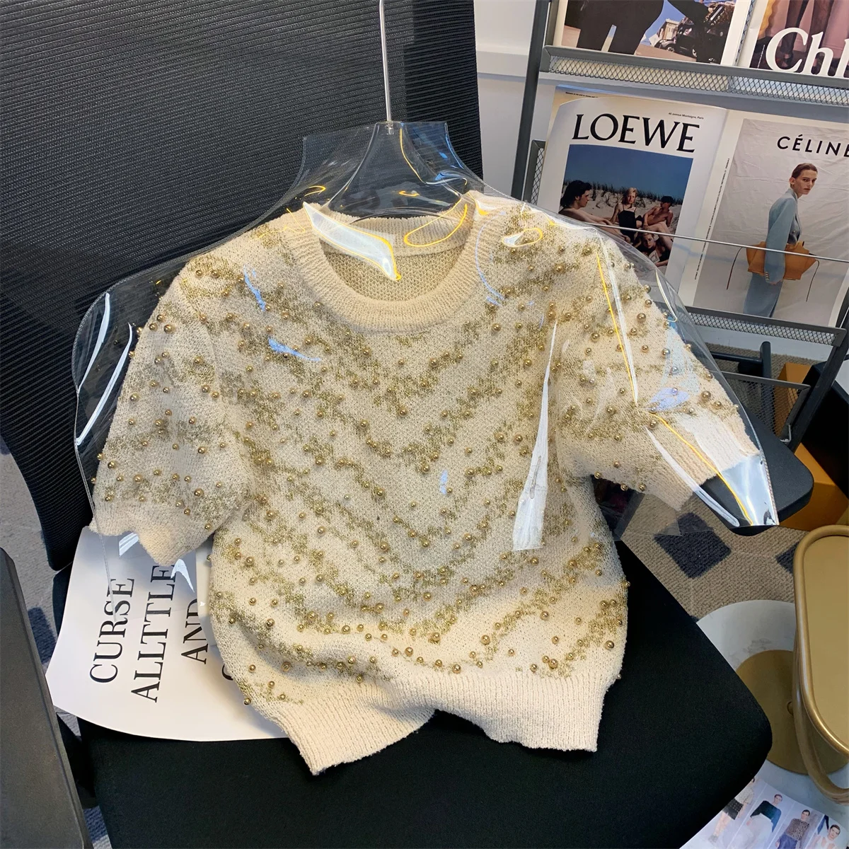 

Женский трикотажный свитер с бусинами, элегантный винтажный пуловер с коротким рукавом и круглым вырезом, лето 2023