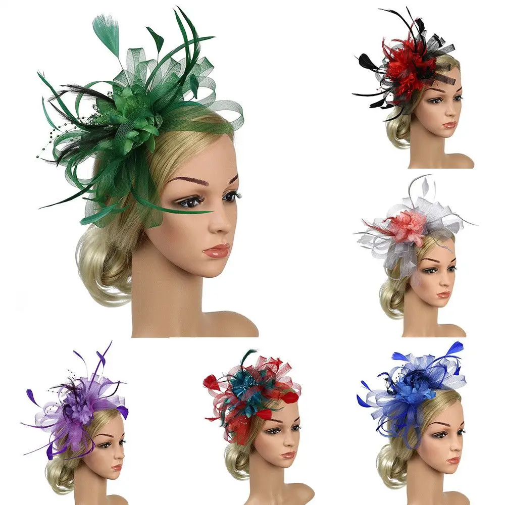 

Women Wedding Bride Royal Races Hair Fascinator Flower Hairclip Headband Headdress Beaded Feather