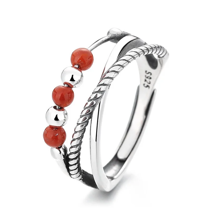

848JM ZFSILVER Silver 925 Fashion Trendy Fresh Adjustable South Red Agate Ball Cross Ring For Women Charms Wedding Jewelry Gifts