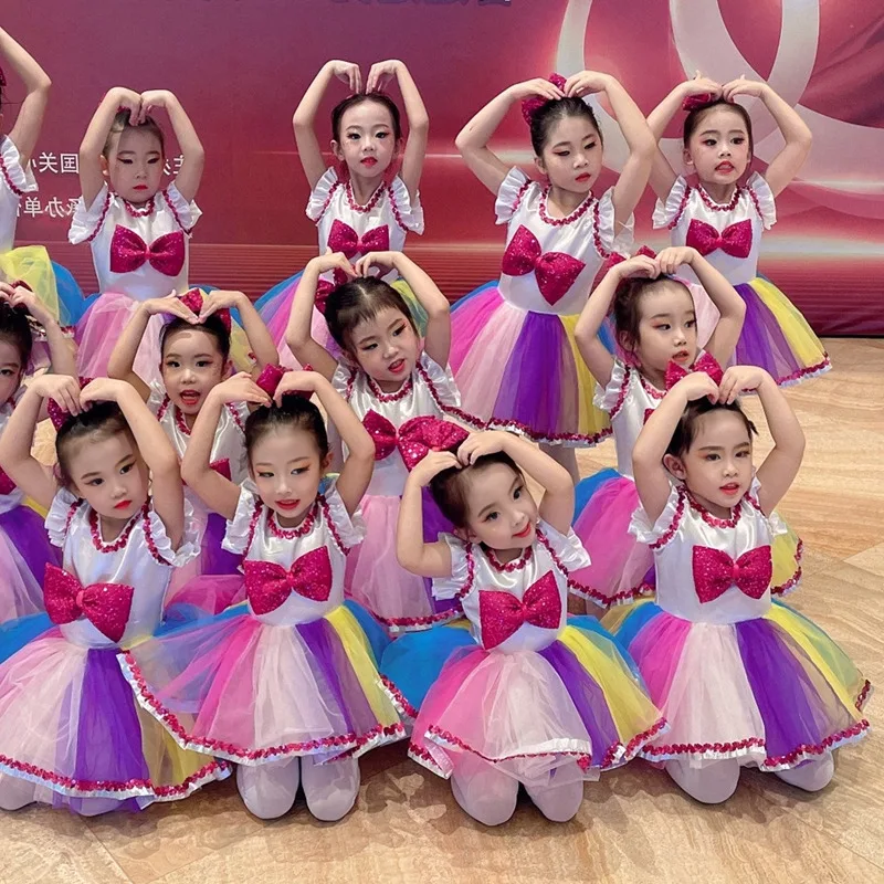 

Children's Latin dance performance costume princess skirt girl colorful pondy skirt rainbow skirt chorus dance costume