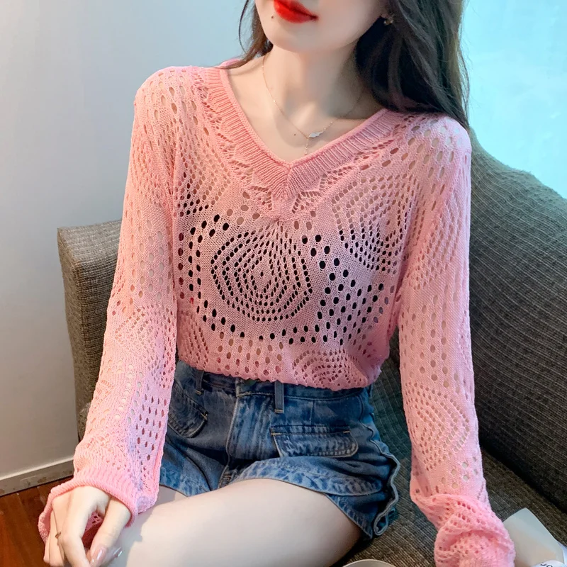 

Korean Long Sleeve Silk Shirt Summer Fashion V-neck Pullover Slim White Blouse Women Casual Hollow Out Lady Clothes Blusas 22787