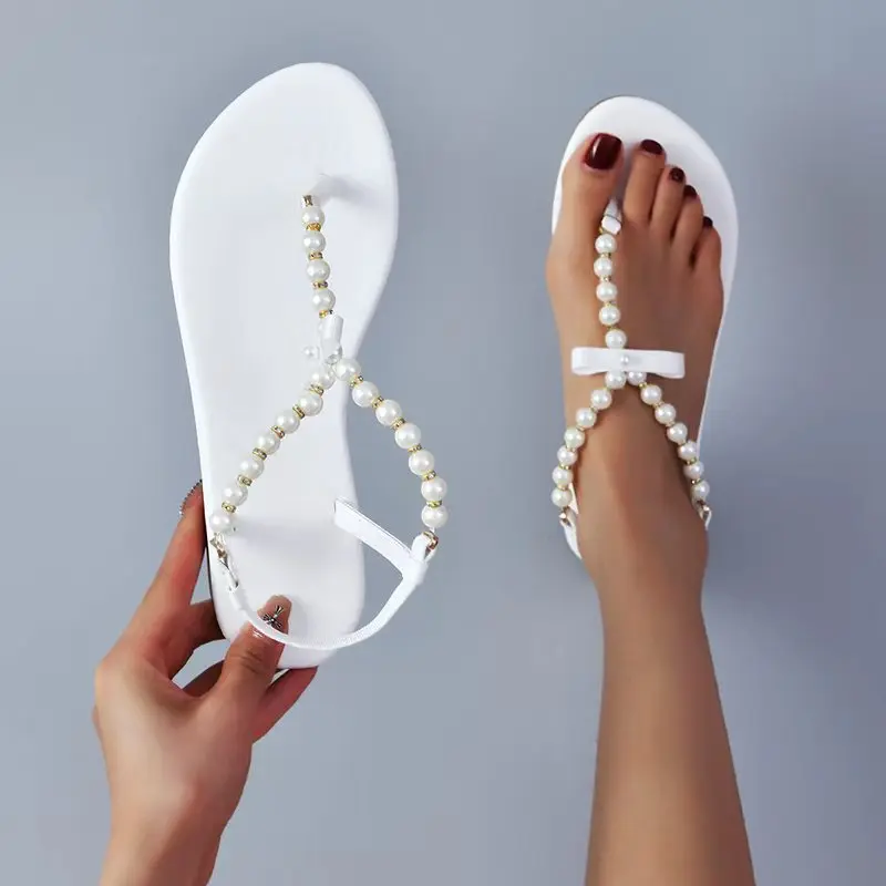 

Summer New Flats Sandals 2022 Women Open Toe Shallow Slippers Shoes Designer String Bead Slip-on Flip Flops Party Casual Slides