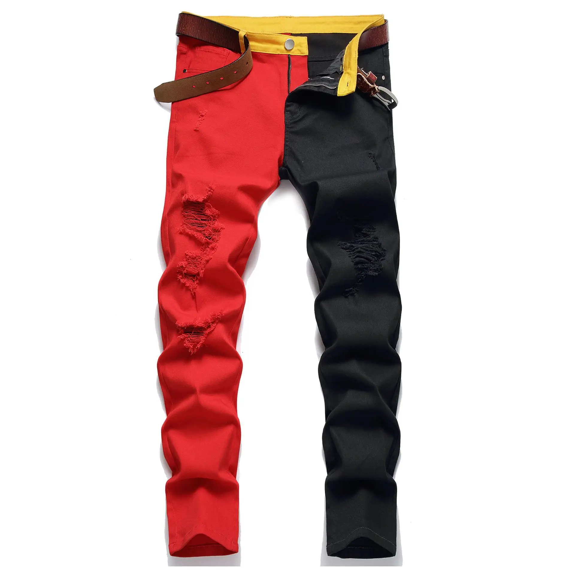 Men Y2K Stretchy Ripped Skinny Black Red Patchwork Jeans  Holes Slim Fit Denim Pants High Quality Hip Hop Jean Pantalones Hombre