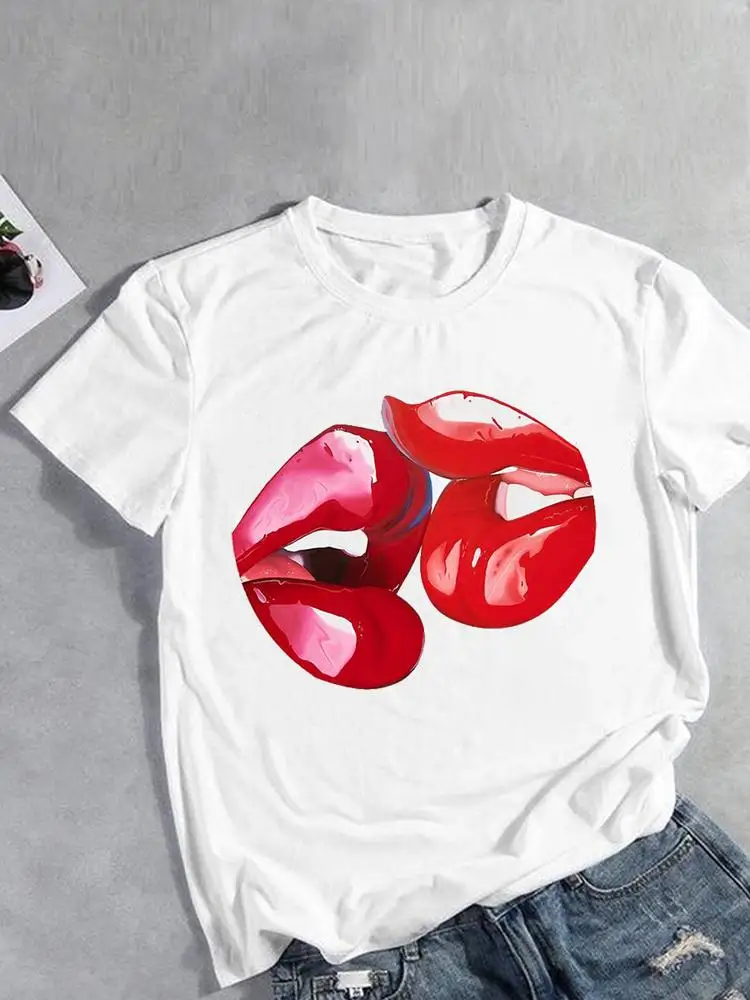 

Women Print Female Clothing Short Sleeve T-shirts Summer Clothes Watercolor Sexy 90s Love Lip Fashion Casual Ladies Graphic Tee