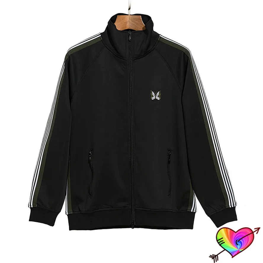 

2023 Black Needles Sport Jacket Men Women Green Stripe Ribbon Needles Coats Embroidery Butterfly Inside Tag 1:1 Outerwear