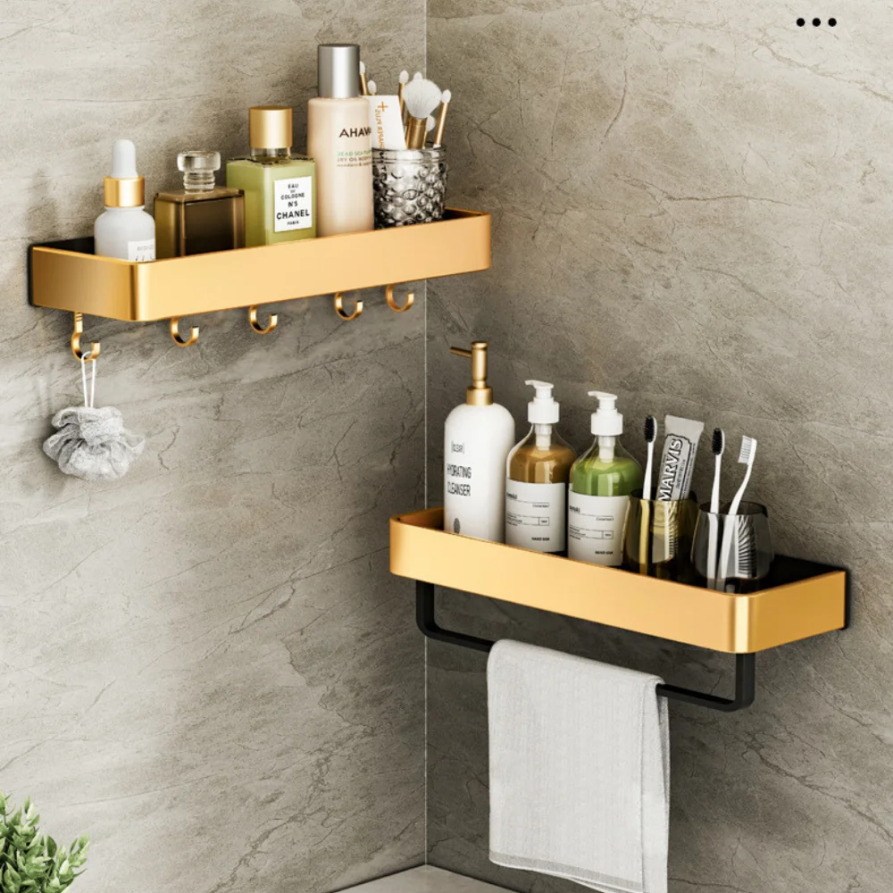

Luxury Bathroom Shelves With Towel Holder gold Shower Storage Rack Toilet Organizer Shelf Bathroom Shelves Hardware Accessories