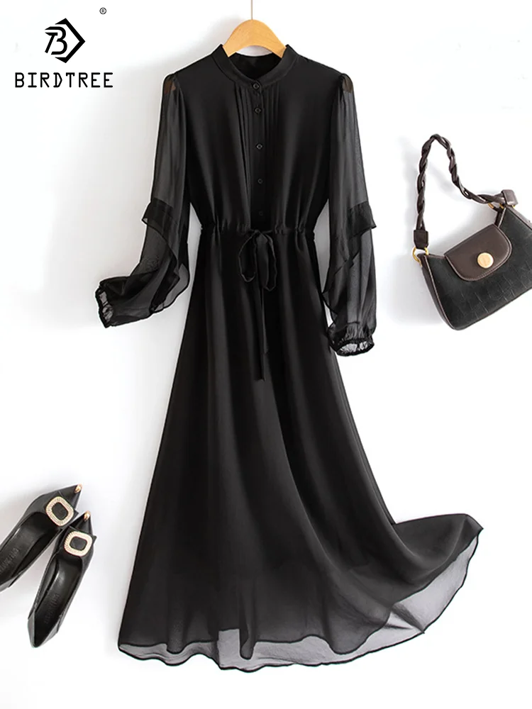 2023 Summer Elegent Black Dress 100% Mulberry Silk for Women Drawstring Waist Long Sleeve Midi Dresses D31005Z