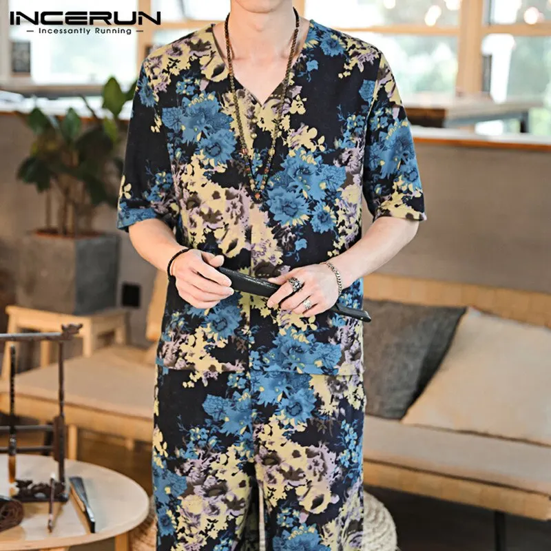 

Мужские комплекты из 2 предметов, Винтажная футболка с V-образным вырезом и короткими рукавами и брюки с цветочным принтом в китайском стиле,...