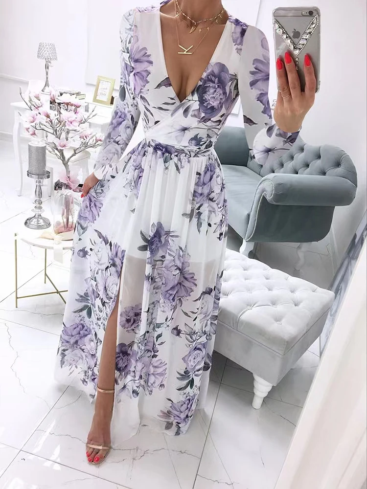 Fashion Lady Mesh Transparent Party Dress Sexy V Neck Floral Print Long Dress Spring Long Sleeves Boho Slit Maxi Dress Vestidos