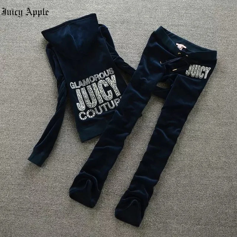 Juicy Apple Tracksuit Women's Hoodie Pant Clothing Set New Fashion Casual Diamonds 2 Piece Set Clothes Set Top Pants Ladies Suit