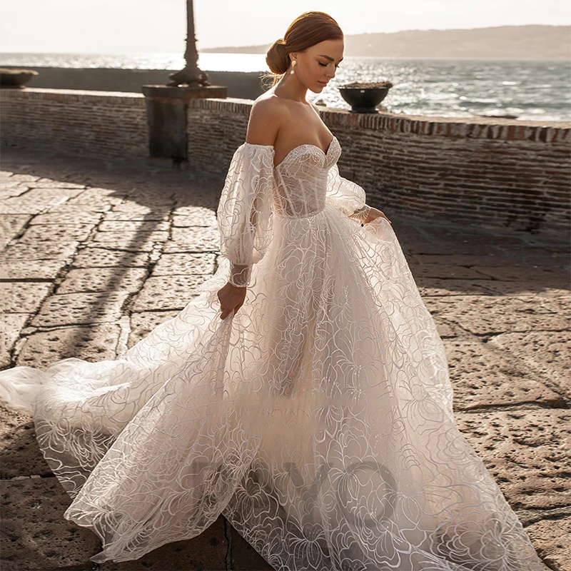 

Vintage Wedding Dress Sweetheart Glitter Exquisite Appliques Off The Shoulder Tulle Puff Sleeve Bow Vestido De Novia Women