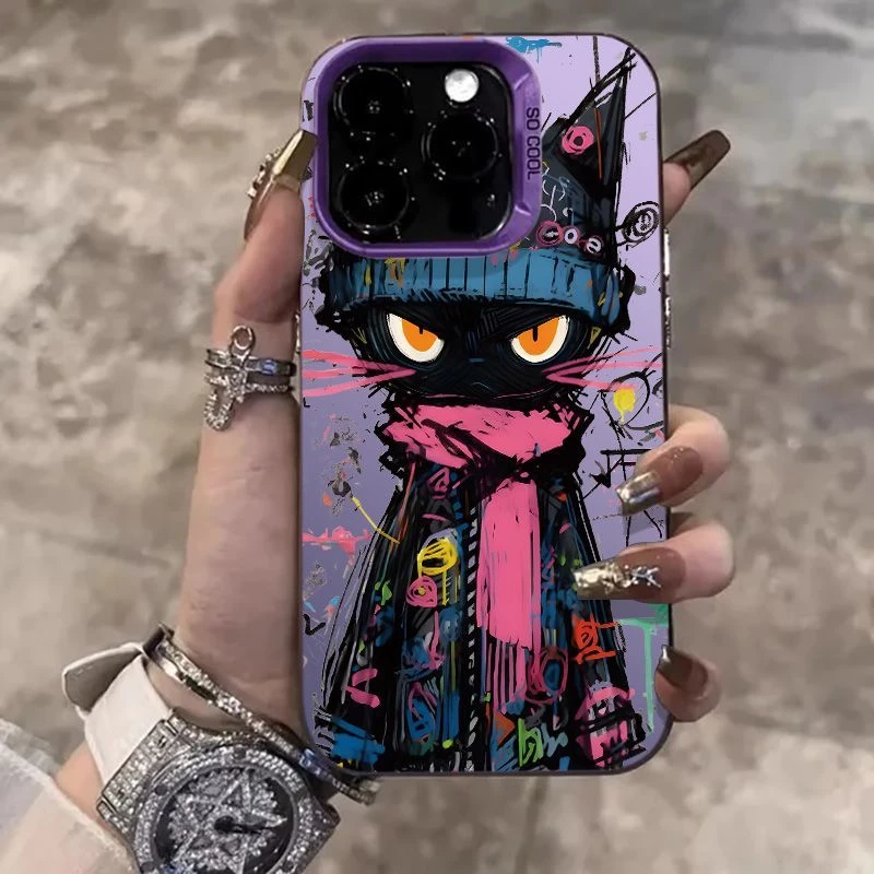Фото Чехол для телефона с принтом «Черный кот» в стиле граффити для iPhone 17 Air 16 15 14 13 12 11 Pro XR XS X Max 7 8Plus, противоударная задняя крышка №1
