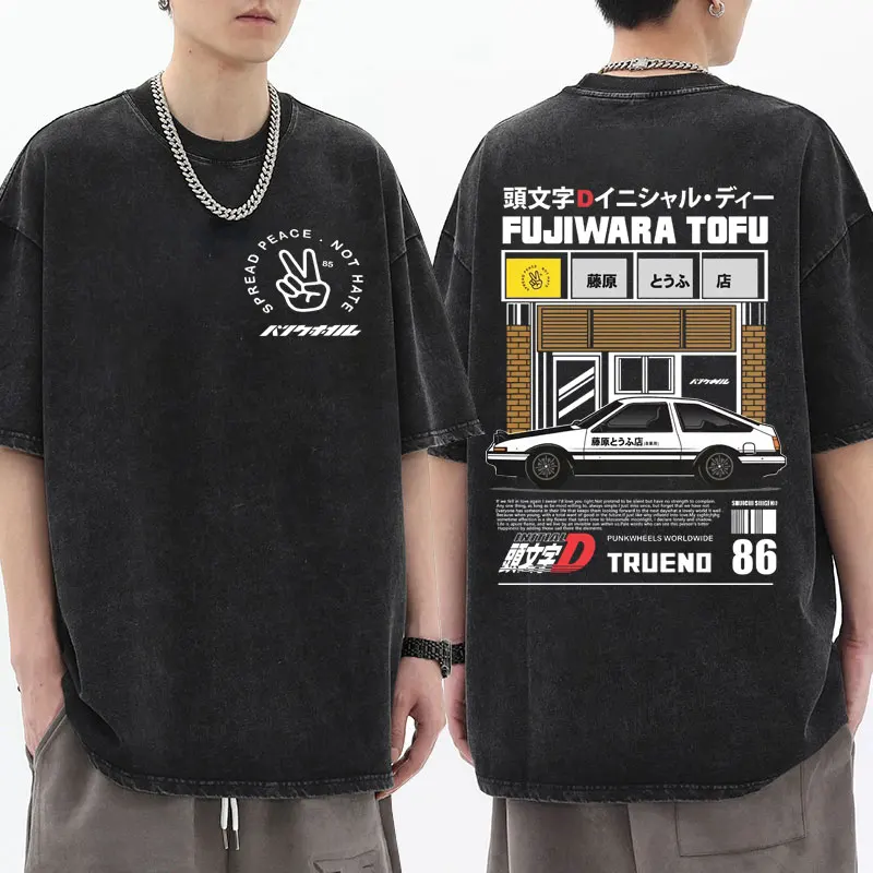 

Anime Drift AE86 Initial D Print Tshirt Men Casual Washed T-shirt R34 Skyline GTR JDM Manga Oversized Vintage Dark Grey Tees