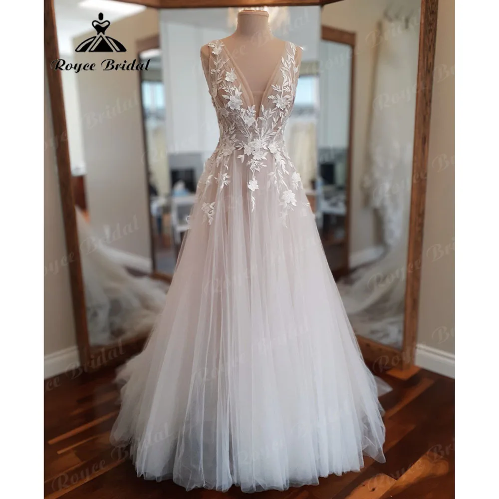 

vestido novia Bohemian Civil Plunging Lace Applique Boho Wedding Dress with V Neck Backless 2024 A Line Bridal Gown robe mariée