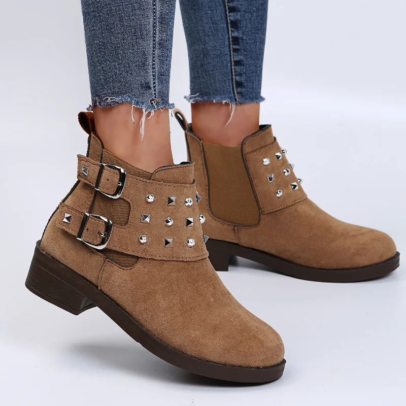 

Ladies Shoes 2023 Fashion Ankle Women's Boots High Quality Dress Boots Women Crystal Slip-on Round Toe Square Heel Female Shoes