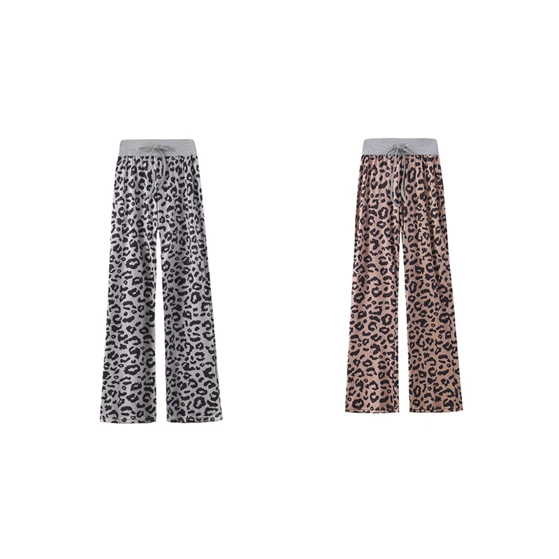 

2 Pcs Women's Print Comfortable Casual Stretch Drawstring Wide Leg Pants M Size, Gray & Brown