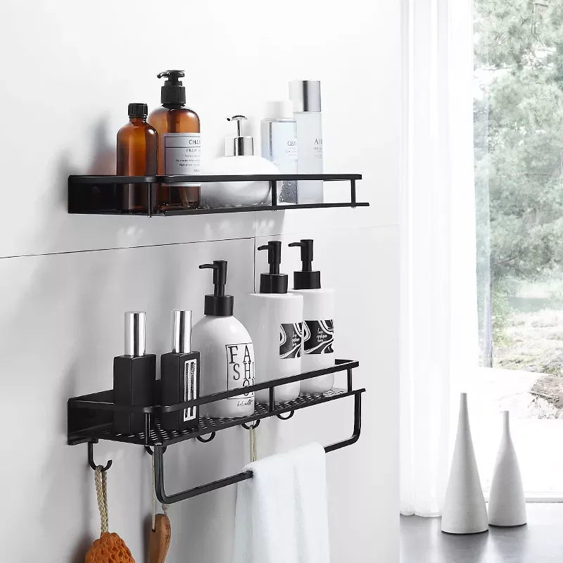 

Black Frame Bathroom Shelf with Towel Bar Space Aluminum Corner Shelf Towel Rack with Hook Shampoo Holder Kitchen Storage Rack