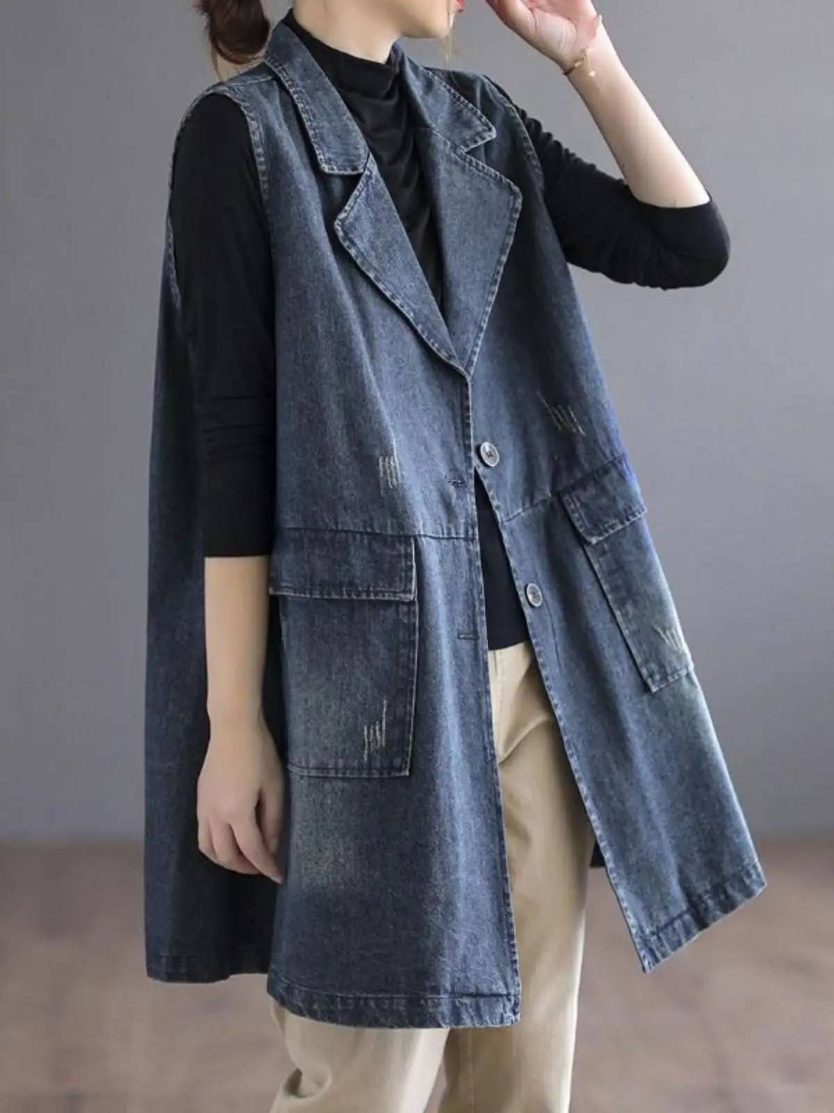 Internet Celebri Retro Mid-Length Denim Vest Outerwear Women New Loose Suit Collar Plus size Autumn Waistcoat