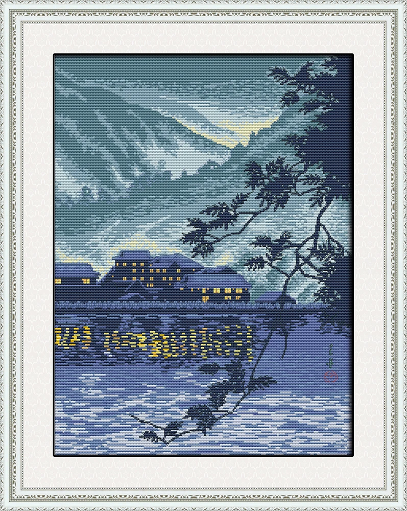 

Household by the river cross stitch kit aida 14ct 11ct count printed canvas stitches embroidery DIY handmade needlework