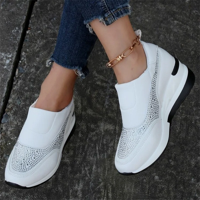 Women Crystal Sneakers Spring Autumn Casual Zipper Flat Shoes Women Non-slip Breathable Outdoor Vulcanized Shoes Woman