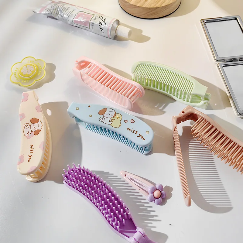 

Cute Cartoon Foldable Comb Detangling Hair Brush Anti Static Scalp Massage Brush Portable Traveling Small Comb Hair Styling Tool