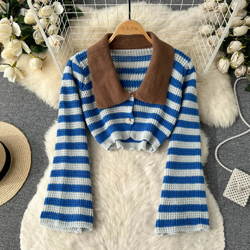 

Autumn and winter vintage long sleeve fashion personality stripe lapel contrast knit shirt women's sweater cardigan top