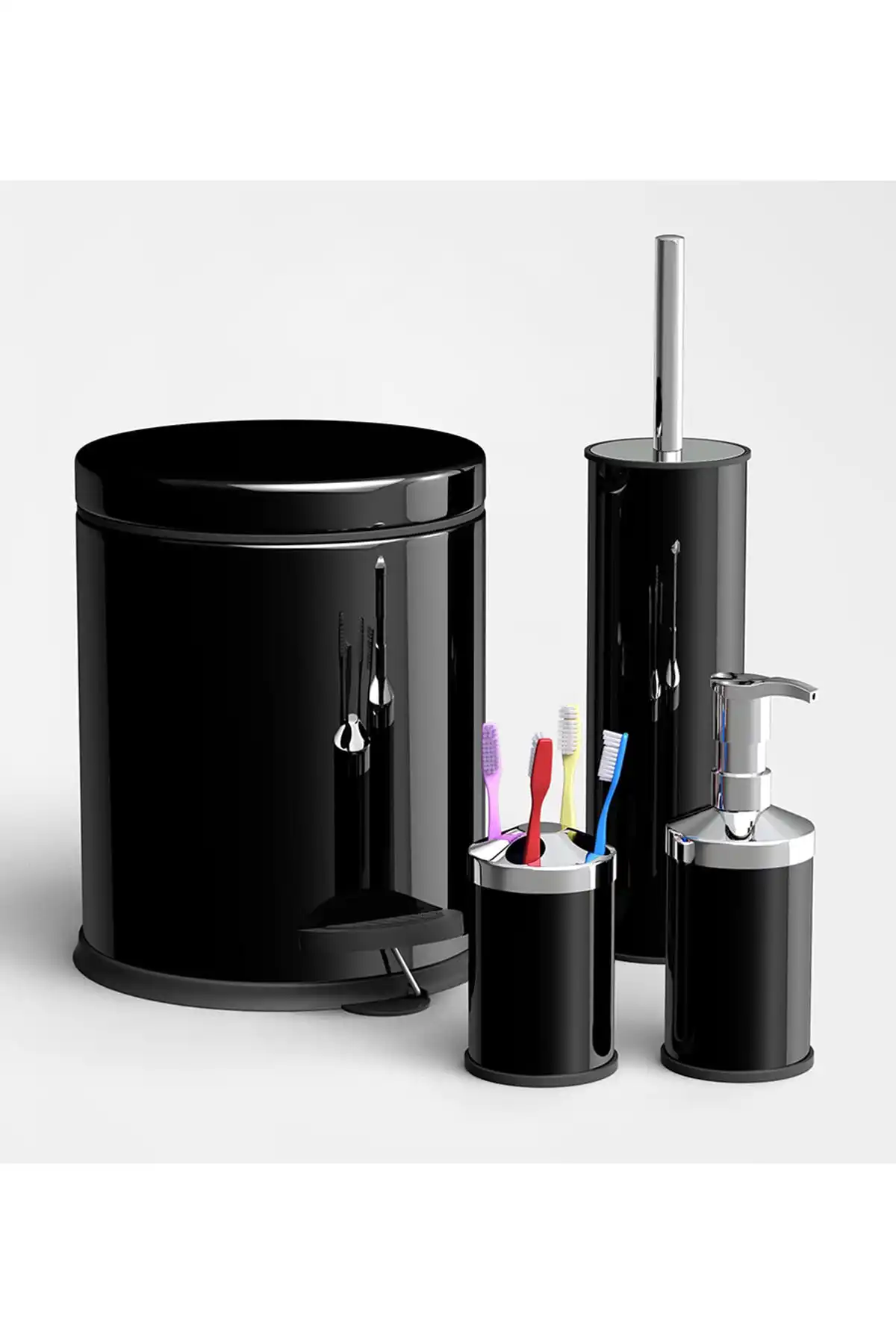 

Black Set of 4 Pedal Trash Can Wc Closet Brush Soap Dispenser Toothbrush Set