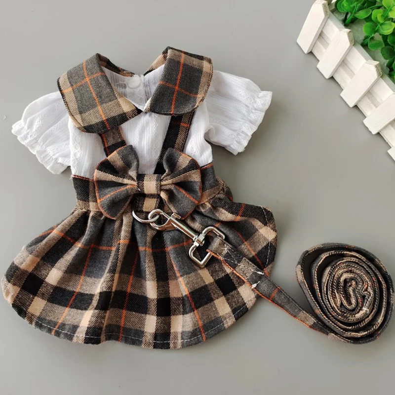 

Cute Sweet Princess Style Pet Skirt Dog Plaid Skirt With Strap Traction Leash Plaid Skirt For Chihuahua Teddy Pet Supplies