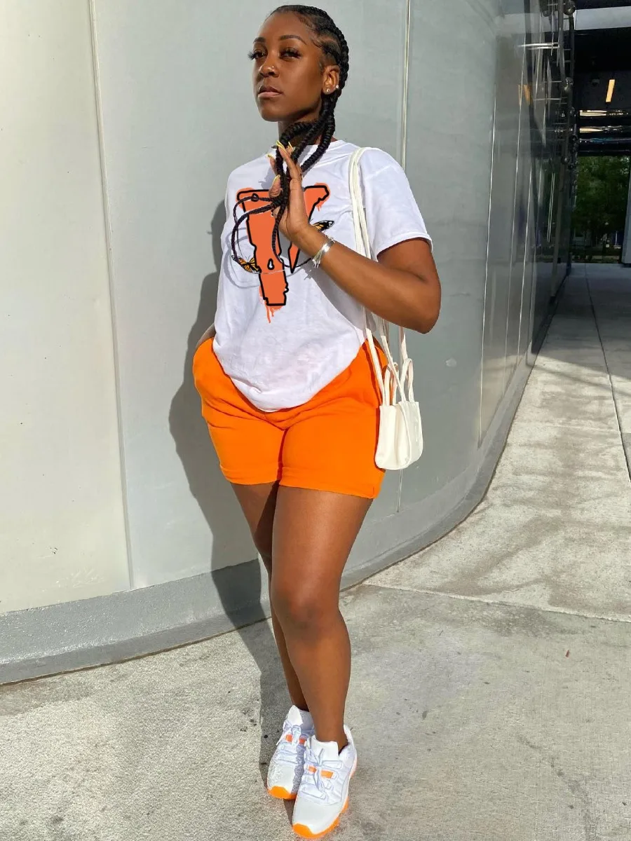 LW Plus Size Butterfly Letter Print Shorts Set Summer Women Casual T-Shirt Y2k Top Shorts Set Femme Short Sleeve Two Pieces Set