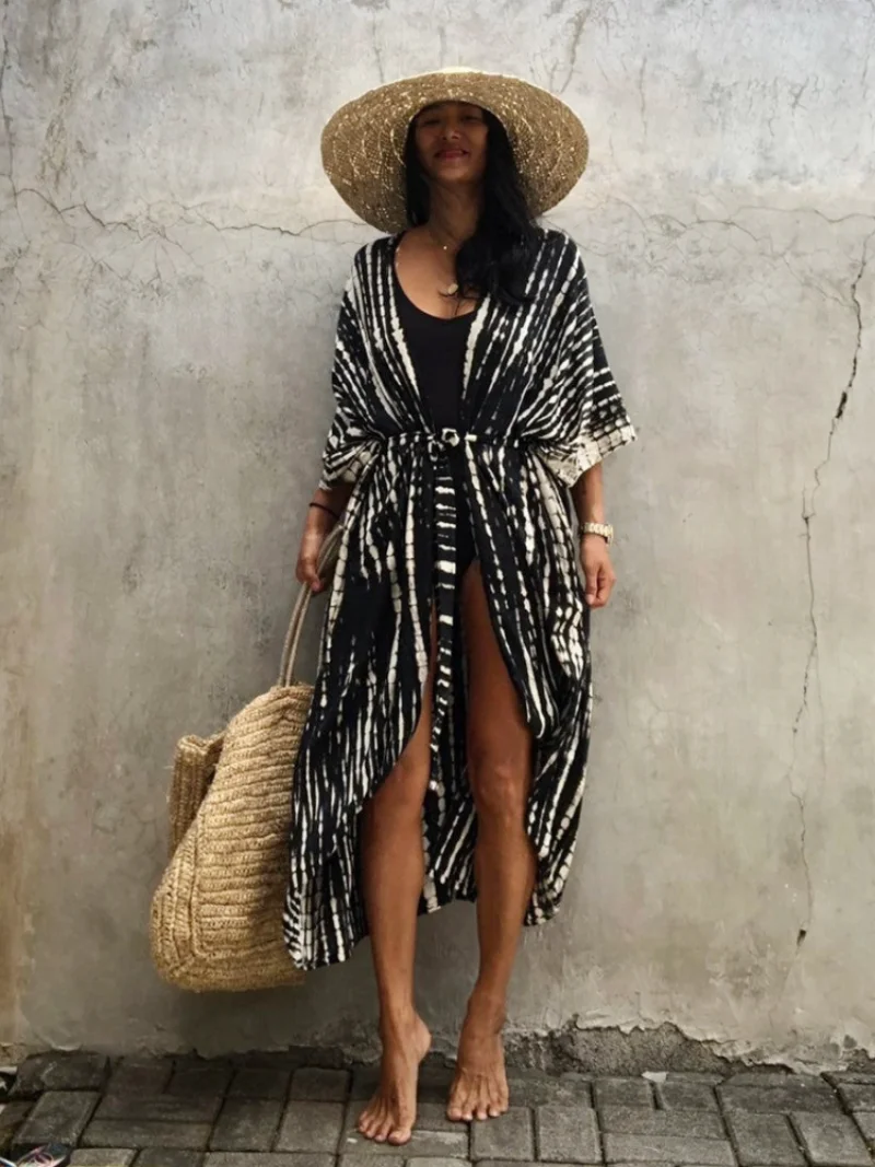 

Beach Dress Cover Ups Women Summer Vintage Tie Dye Kimono Swimwear Oversized Open Front Long Cardigan with Sashes Holiday Covers