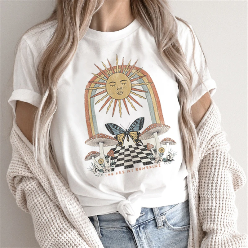 Женская свободная футболка с принтом бабочек, белая Повседневная футболка с коротким рукавом в стиле Харадзюку, с надписью на тему солнца, подарок на Рождество Женская свободная футболка с принтом бабочек, белая Повседневная футболка с коротким рукавом в стиле Харадзюку, с надписью на тему солнца, подарок на Рождество