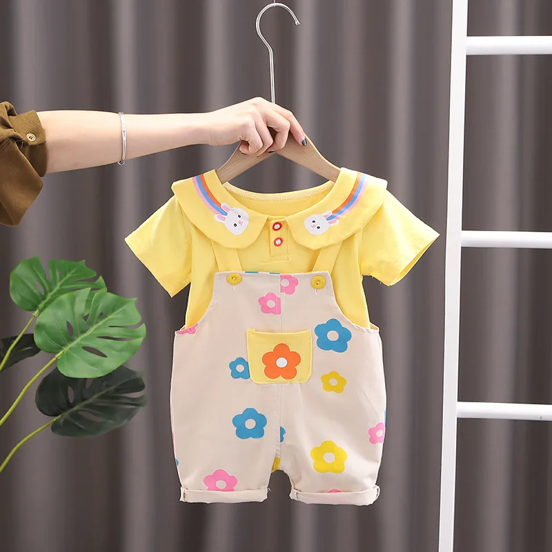 New girls' clothing suit short-sleeved summer cotton top T-shirt+printed trousers 2-piece suit for children 0-3 years old