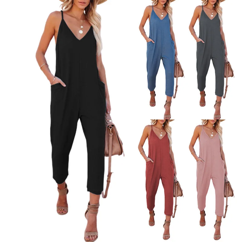 

Summer 2022 Fashion Ladies Casual Solid Color V-Neck Sling Pocket Waffle Jumpsuit Commuter Sleeveless Rompers Lady