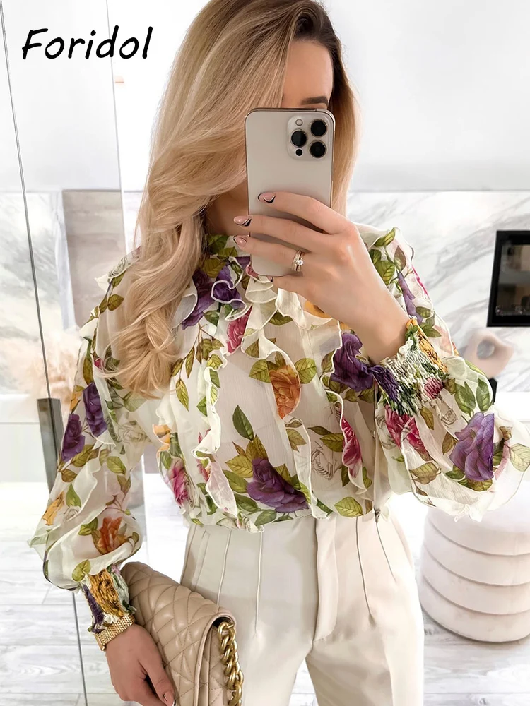 

Foridol Ruffle Floral Print Chiffon Women Transparent Blouse Shirts Vintage Casual Long Sleeve Spring Lace Up Shirts Office