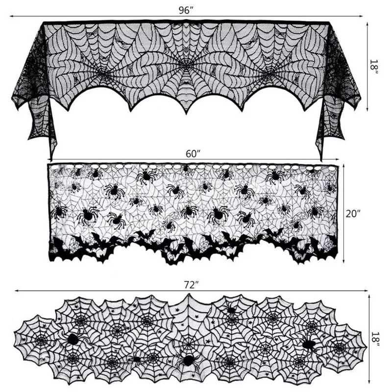 

Black Fireplace Mantel Scarf Event Party Decoration Supplies Halloween Decoration Lace Spider Web Skeleton Skull Tablecloth