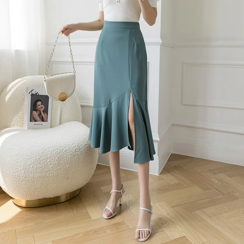 

Ruffled High Waist Slim Fishtail Skirt With Irregular Split Spring And Summer Long Skirt OL Commuter Temperament Overskirt