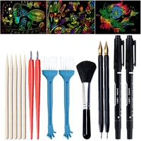 14pcs scratch tools set with bamboo sticks scraper repair scratch pen black brush painting toys kids children birthday gifts