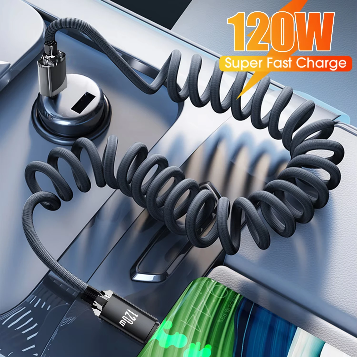 Фото Кабель для быстрой зарядки e Fast Charge, портативное автомобильное зарядное устройство 120 Вт USB-C на USB-C, пружинный выдвижной, для iPhone 17 16 15 Samsung Xiaomi, дорожный набор №3
