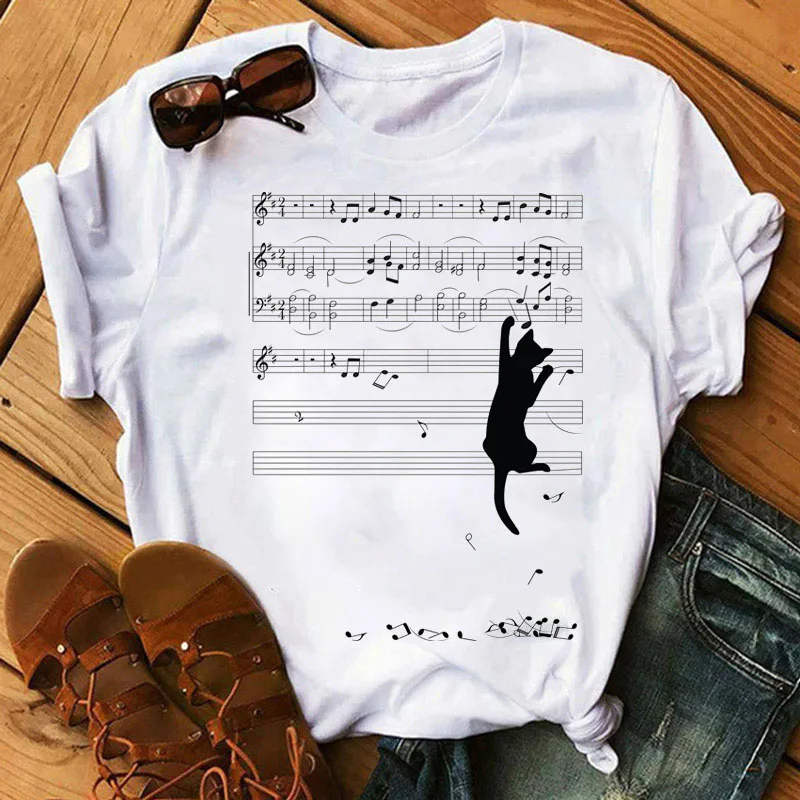 

Black Cat Holding on T Shirt Women T Shirt Kawaii Cartoon Tops Female Summer Tee Shirt 90s Girls T-shirt Women Cute Tee T-shirt