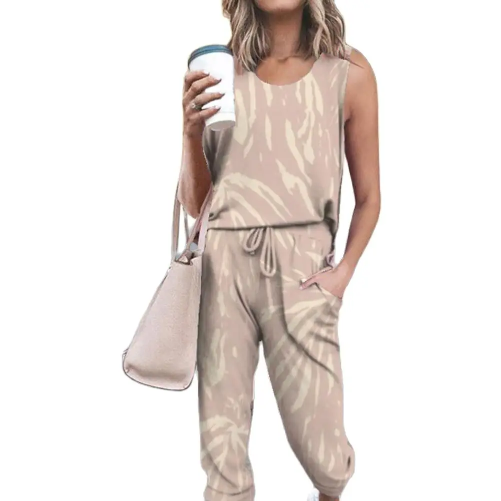 

1 Set Stylish T-shirt Pants O Neck Streetwear Vest Pants Pure Color Temperament Vest Top Pants