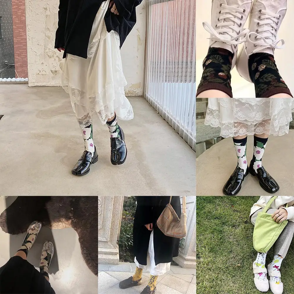 

Женские носки из чесаного хлопка с мультяшным рисунком, с двумя пальцами, с японским рисунком, женские носки с цветочным рисунком, Симпатичн...