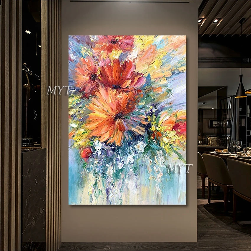 

Абстрактная цветная Картина на холсте с цветами, ручная роспись, современная акриловая картина маслом для ресторана, украшение, подарок, без рамки