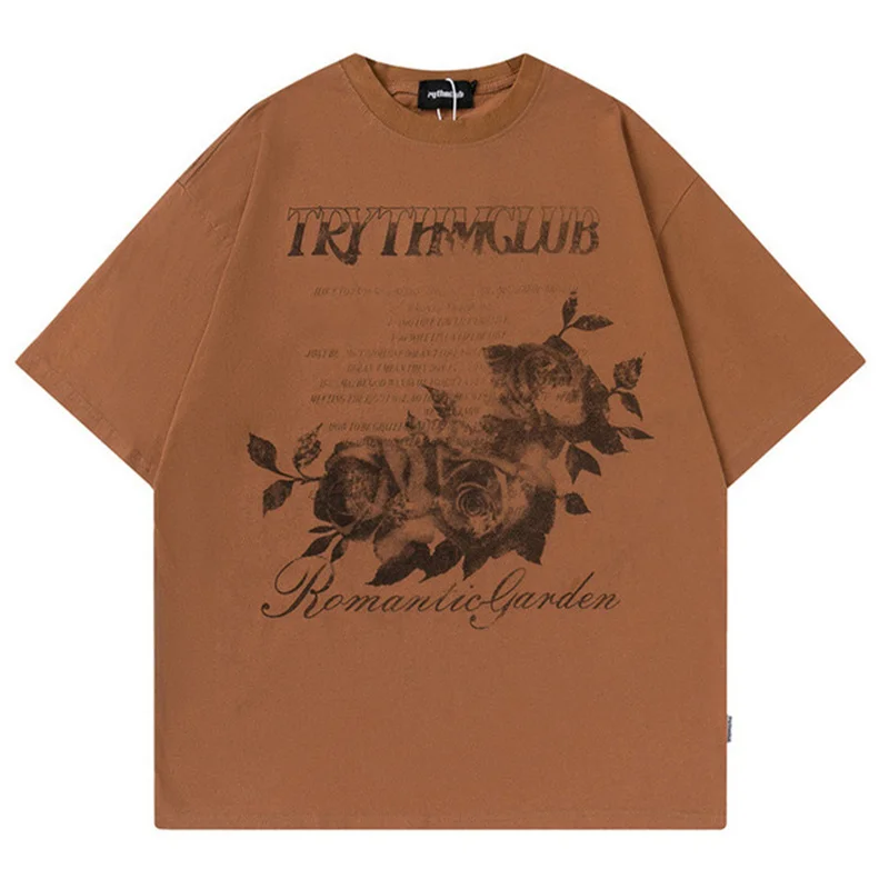 

Men Hip Hop Streetwear Oversized T Shirt Letter Rose Graphic Printed Vintage Washed T-shrits 2022 Harajuku Short Sleeve Tops