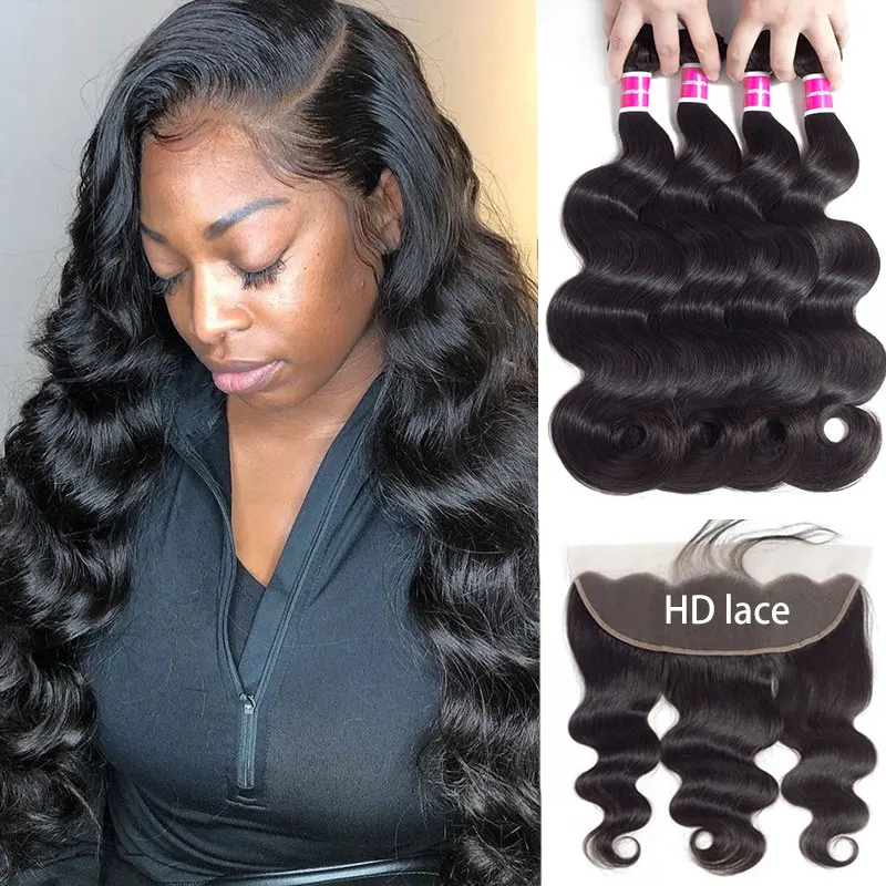 32 Inch Body Wave Human Hair Bundles With Frontal Transparent Brazilian Hair Weave 3/4 Bundles With Closure Remy Hair For Women