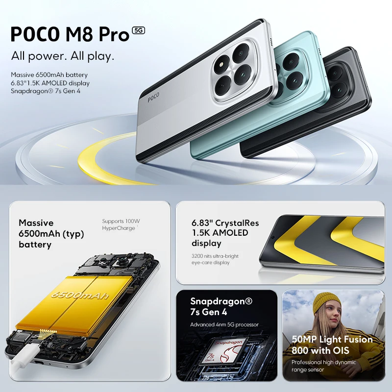 Фото Смартфон POCO M8 Pro 5G, глобальная версия, Snapdragon 7s Gen 4, 6.83-дюймовый 1.5K дисплей с частотой 120 Гц, аккумулятор 6500 мАч, 100W NFC. №5