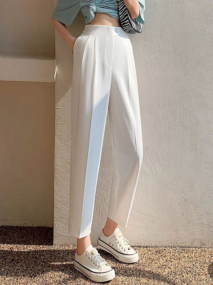 Casual Suit Pants 2023 New Fashion Women High Waist Ankle Length Elastic Trousers Elegant Office Lady Classic All-match A120