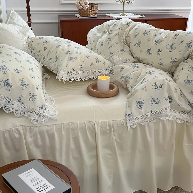 

100%Pure cotton retro floral high hollow lace four-piece set girl heart cotton pleated pastoral style quilt cover