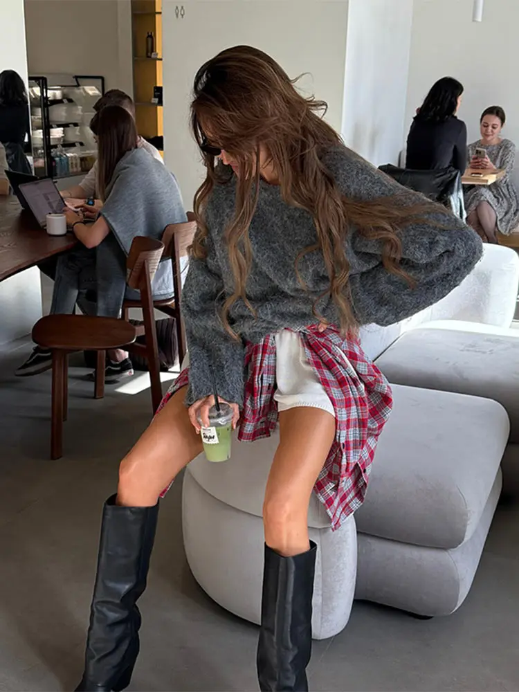 Элегантный темно-серый кашемировый свободный свитер из мохера женский африонный