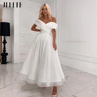 off the shoulder sparkly short wedding dress 2022 simple gliter tulle midi bridal gown a line beach vestido de noiva